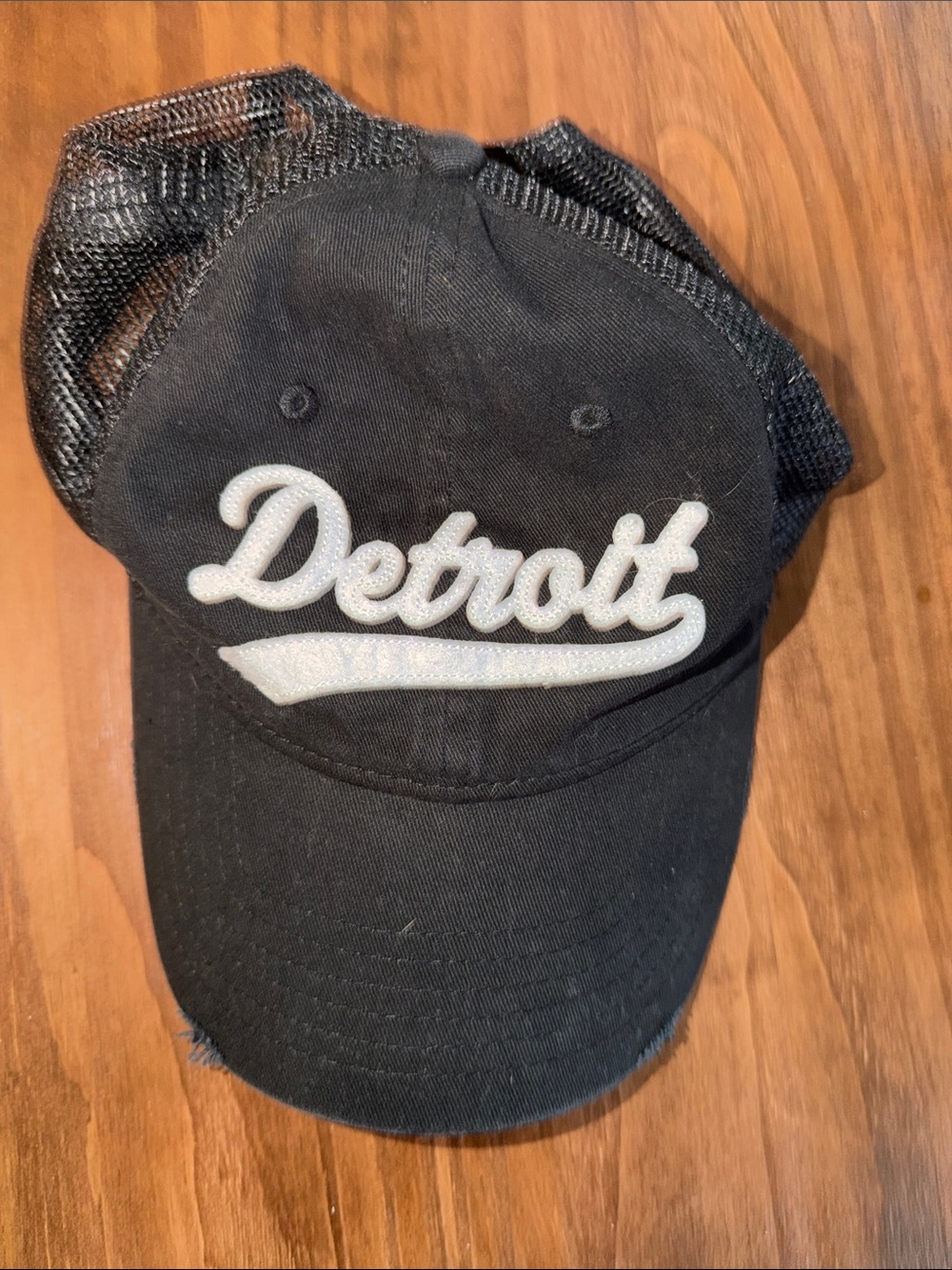 Distressed Detroit Script Baseball Cap - Black with White Embroidery